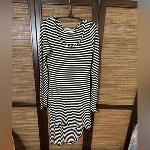 Form fitting Black and White Striped Long Sleeve High-Low Dress